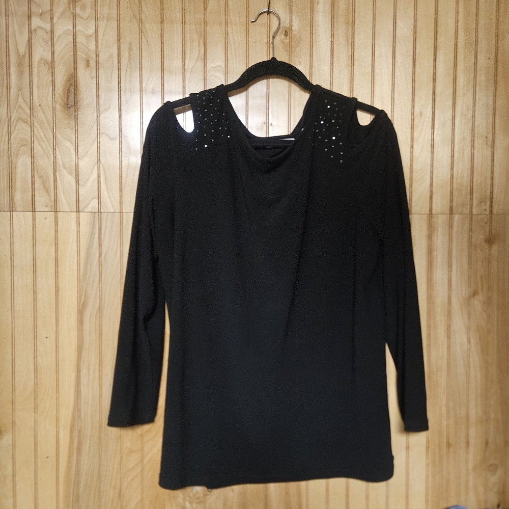 Susan Graver Women's Black Cold-Shoulder Long Sleeve Top with Stud Details Large